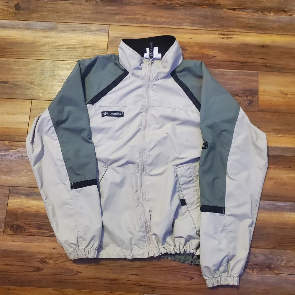 Columbia Mens Packable Windbreaker Jacket Grey Green Full Zip Large Mesh Lined
